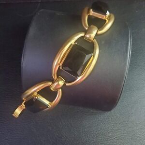 J.Crew Gold Tone Link Bracelet Black Emerald Cut Resin Stone Statement Jewelry